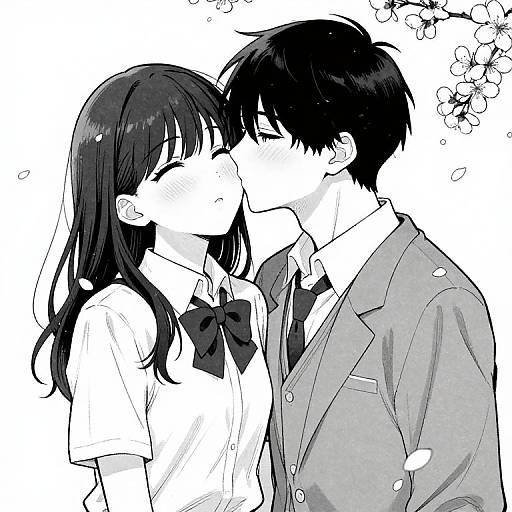 Black-and-white anime-style drawing of a couple kissing. She has long dark hair, a bowtie, and a school uniform. He wears a suit