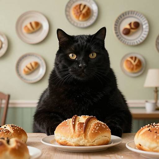 Photograph of a black cat with yellow eyes, sitting at a table with sesame-seeded buns, surrounded by plates of various breads on a