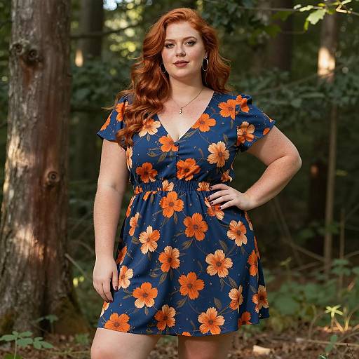 Plus Size Woman in Floral Dress in Forest