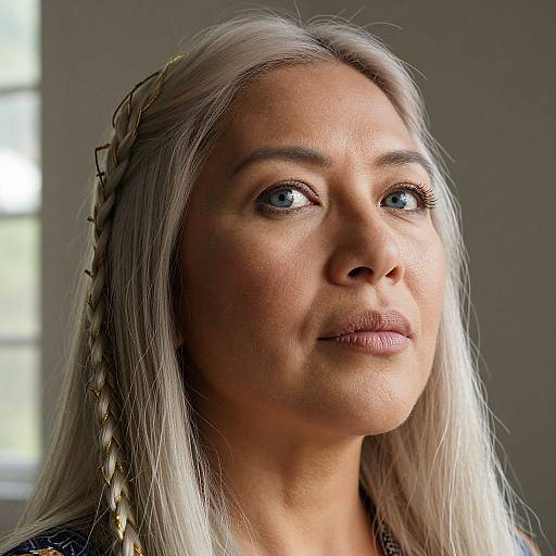 Photograph of a middle-aged woman with silver hair, blue eyes, and a braided headpiece, looking slightly up with a calm expression, natural