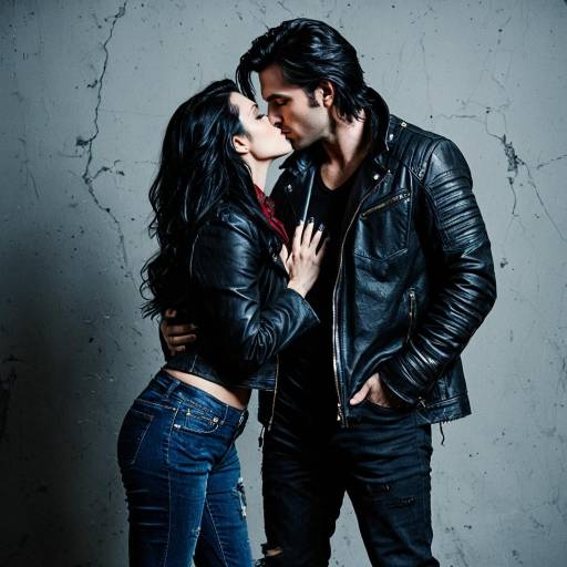 Couple in Black Leather Jackets Kissing