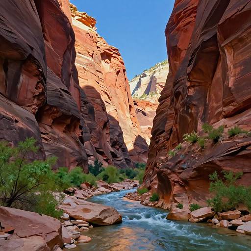 Photograph of a narrow, red rock canyon with a clear, flowing river, green shrubs, and bright blue sky overhead.