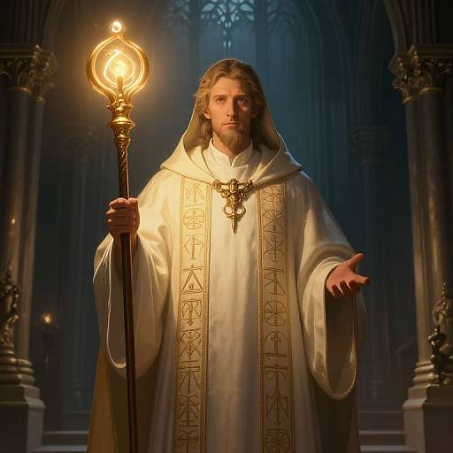 Photograph of a bearded, long-haired man in a white, ornately embroidered religious robe holding a glowing candelabra in a dimly lit