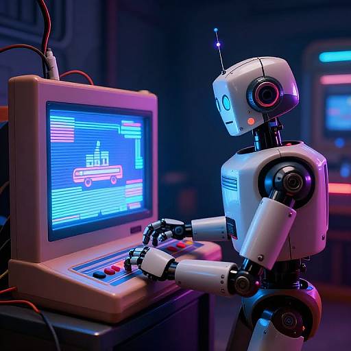 Surreal Robot Gaming in Futuristic Room