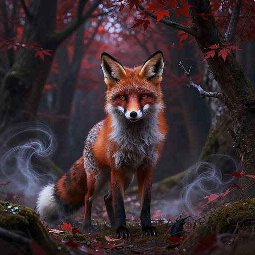 Digital artwork of a realistic red fox standing in a mystical, red-leafed forest with swirling smoke and moss-covered trees.