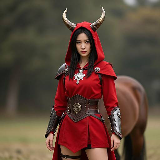 Photograph of an Asian woman in red demon cosplay with horns, black armor, and a belt, standing in a forest beside a brown horse.