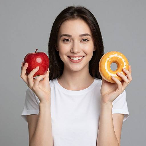 Young woman with long black hair, fair skin, and brown eyes, smiling while holding a red apple and a glazed donut. She wears a white