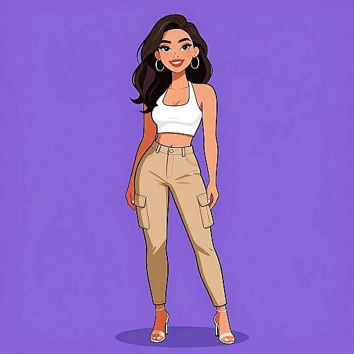 Digital illustration of a confident woman with long black hair, wearing a white crop top, beige cargo pants, and white high heels, standing against a solid