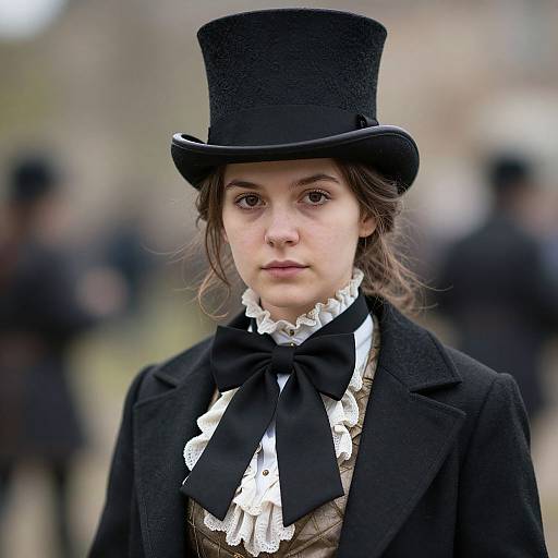 Photograph of a young woman with fair skin and brown hair in a top hat, black bow tie, ruffled white shirt, and black coat,