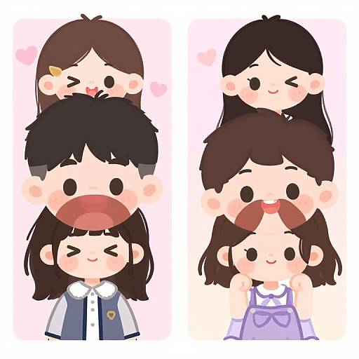 Cute digital chibi-style illustration of four anime characters with black and brown hair, stacked in pairs, smiling and blushing, with small pink hearts