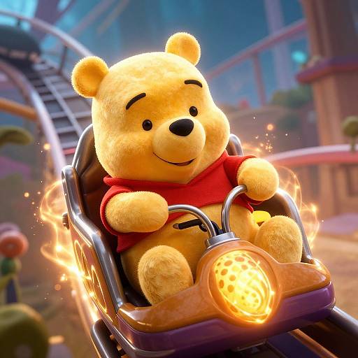 CGI image of Winnie the Pooh in a red shirt, riding a glowing, firelit go-kart on a colorful, outdoor amusement park