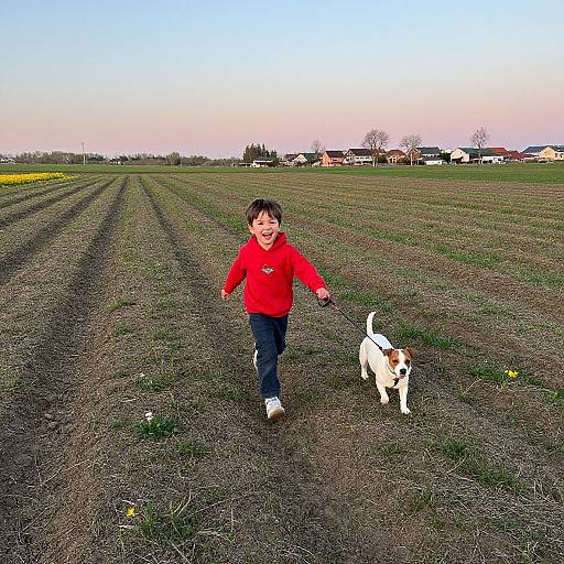 Photograph of a smiling young boy in a red sweater and blue jeans, holding hands with a white and brown dog in a plowed field at sunset