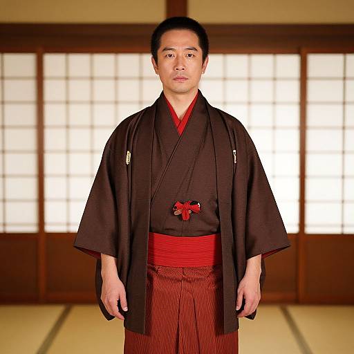 Photograph of an Asian man in traditional Japanese black kimono with red accents, standing in front of a bright, wooden-paneled room.