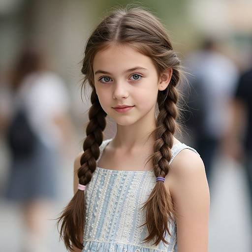 Photograph of a young girl with long brown hair in two braids, wearing a silver lace dress, standing in a blurred, outdoor crowd.