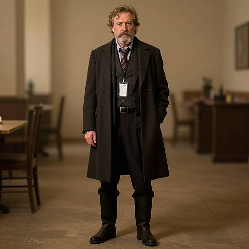 Photograph of a middle-aged man with gray beard, wearing a long black coat, black suit, and lanyard, standing in a dimly