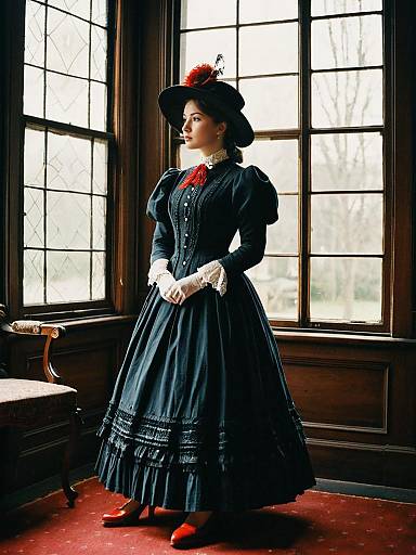 Woman in Victorian Dress Standing by Window