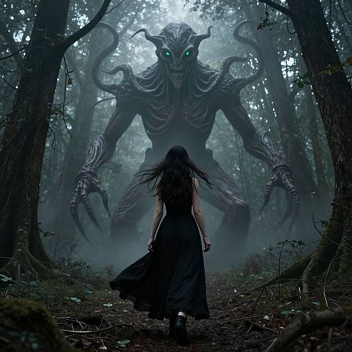 Digital artwork: Woman in black dress faces towering, monstrous creature with glowing green eyes in dark, misty forest. Creature's twisted, horned form