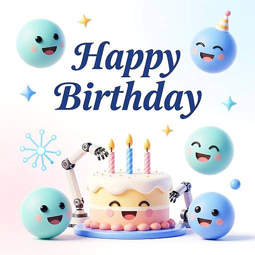 Digital illustration of cheerful blue, ball-shaped characters with cute faces, surrounding a cake with candles and 