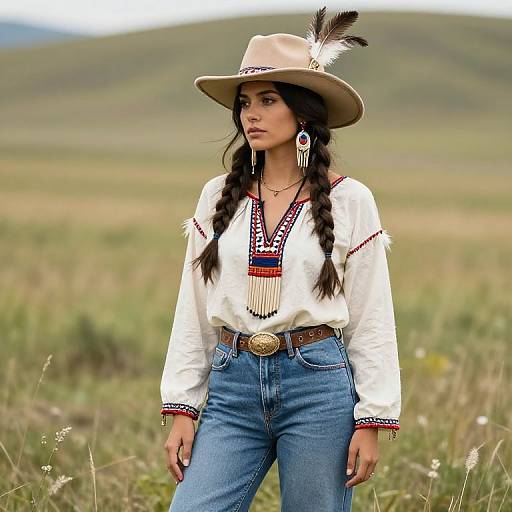 Photograph of a young woman with long braids, wearing a white Native American-style blouse, blue jeans, and a beige hat with a feather,