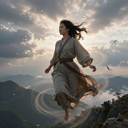Photograph of an Asian woman with long black hair, wearing a flowing gray robe, floating in mid-air against a dramatic cloudy mountain sky, surrounded by