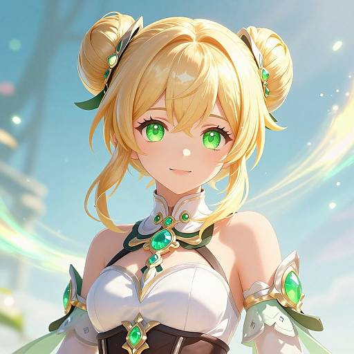 Digital anime-style artwork of a blonde, green-eyed girl with double buns, wearing a white and black gem-adorned top, against a bright