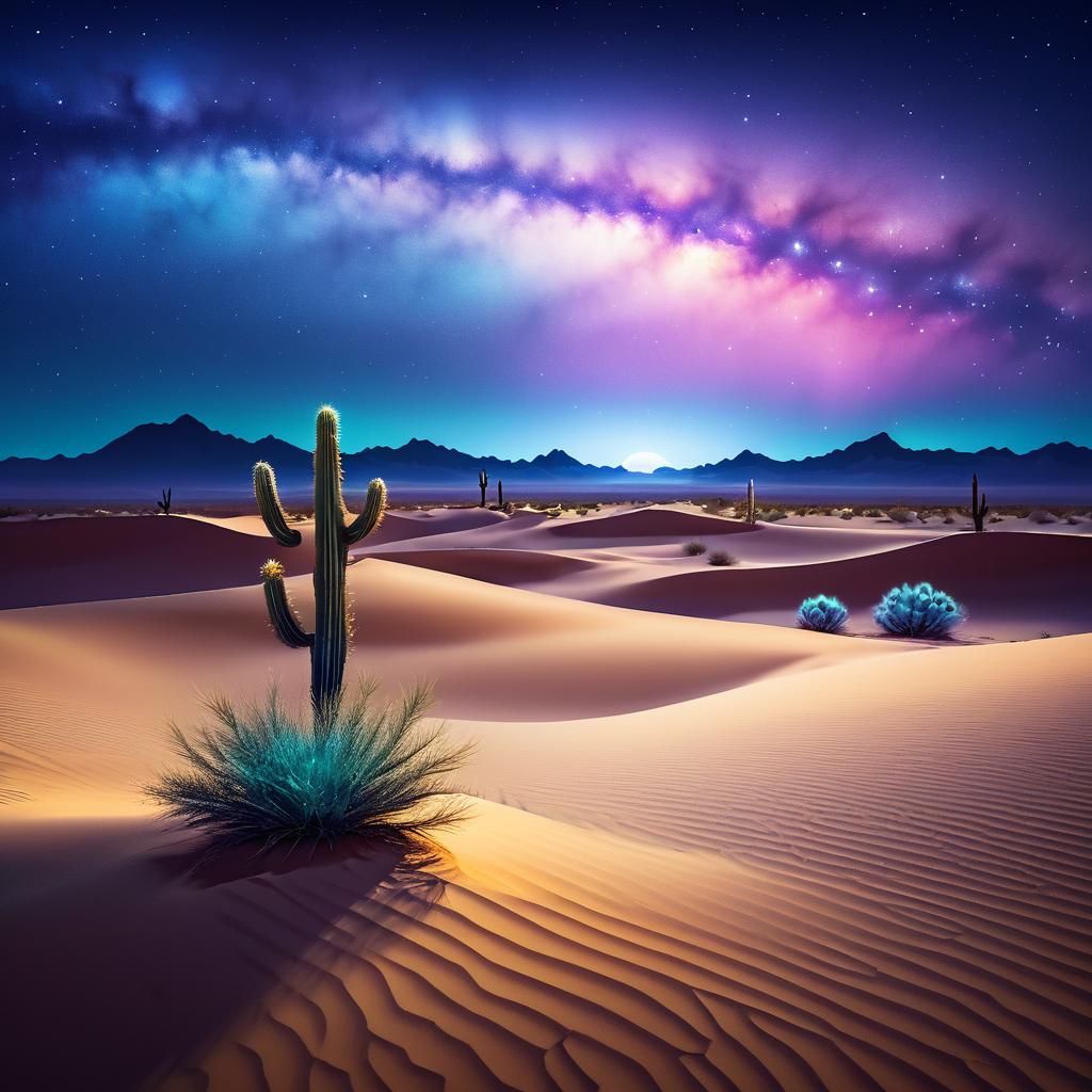 Surreal Starry Desert with Glowing Cactus