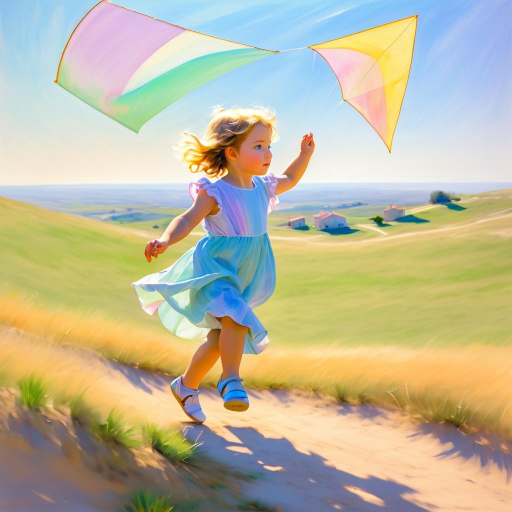 Child Flying Kite on Windy Hilltop