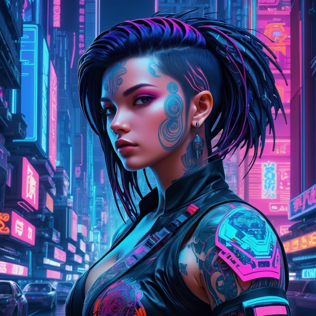 Futuristic Cyberpunk Woman with Neon Tattoos