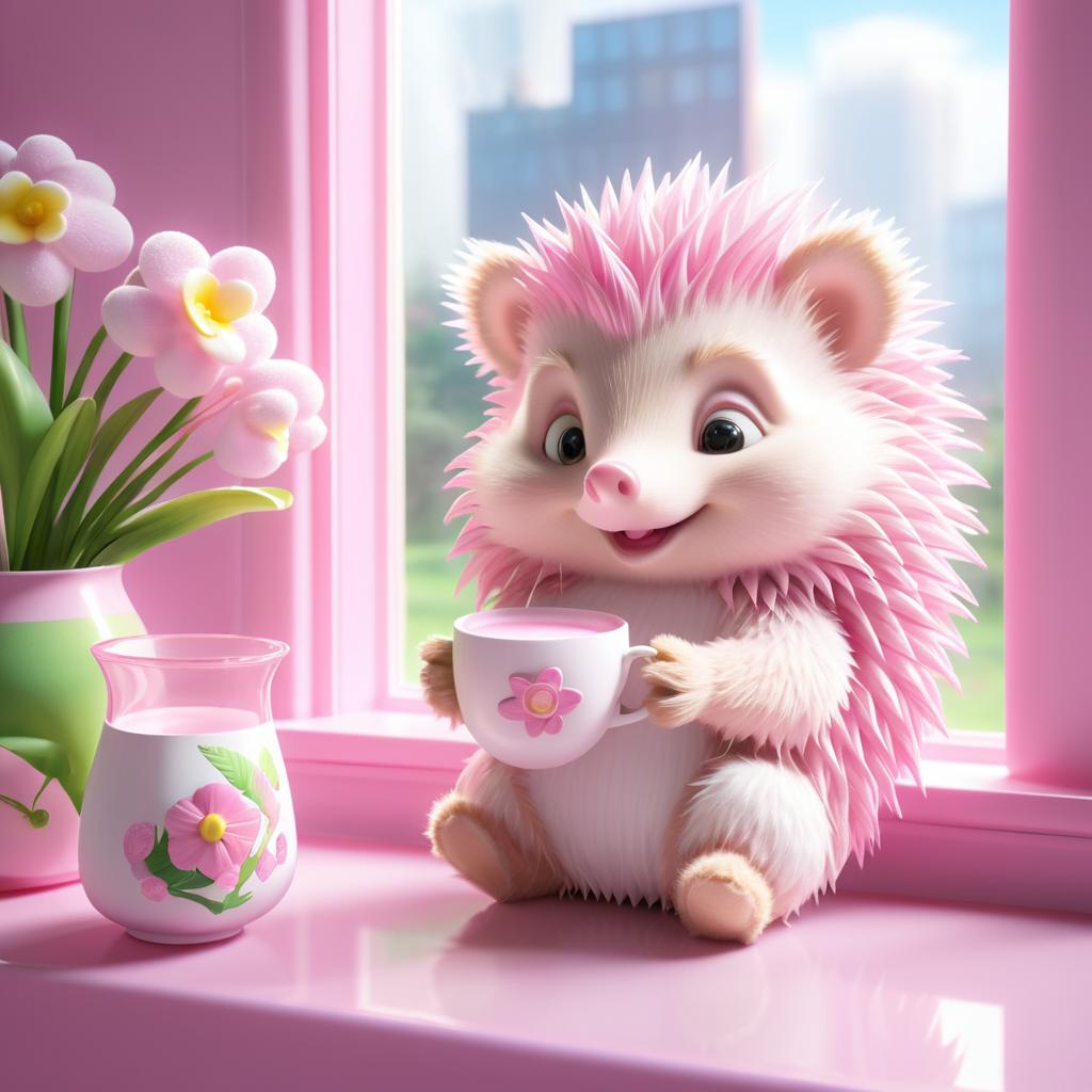 Cute Pink Hedgehog Enjoying Milk