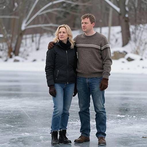 Couple Standing on Frozen Pond in Winter