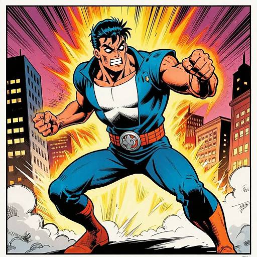 Dynamic Comic Book Hero in Cityscape