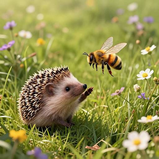Photograph of a honeybee hovering near a spiky hedgehog in a sunlit, green meadow filled with colorful wildflowers.
