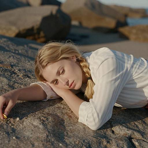 Sunlit Portrait of Blonde on Rocky Beach