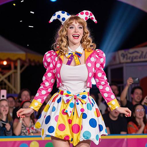 Photograph of a smiling woman with curly blonde hair, wearing a colorful polka dot jester outfit, yellow skirt, pink polka dot sleeves,