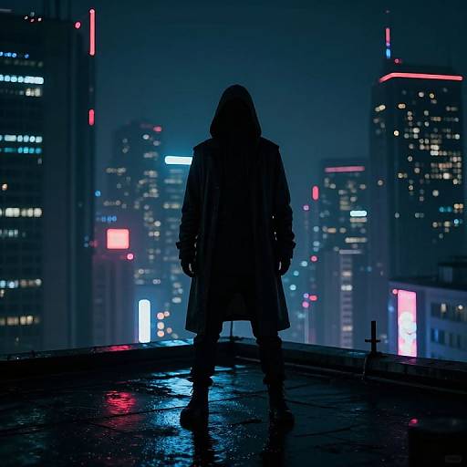 Shadowy Figure on Rooftop in Cyberpunk City