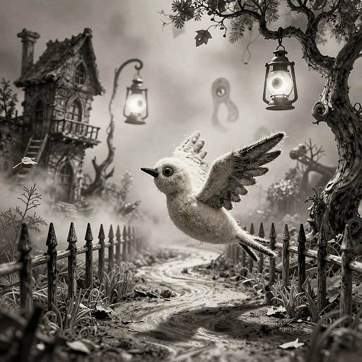 Black-and-white digital illustration of a bird with outstretched wings flying towards glowing lanterns in a whimsical, spooky forest path.