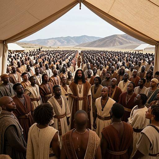 Photograph of a large outdoor gathering under a beige tent, featuring a diverse crowd of African men and women in traditional, beige and brown woven garments,