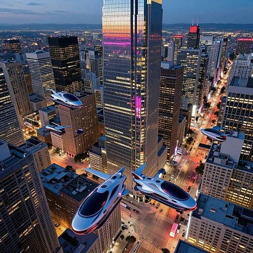 Aerial photograph of a city skyline at dusk featuring futuristic white flying cars among illuminated skyscrapers, with a colorful sunset reflecting off high-rise windows.