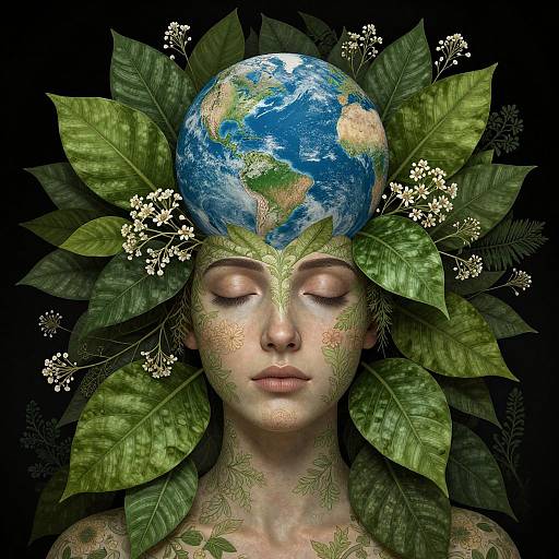 Digital artwork of a serene woman with closed eyes, Earth as a headpiece, surrounded by green leaves and white flowers.