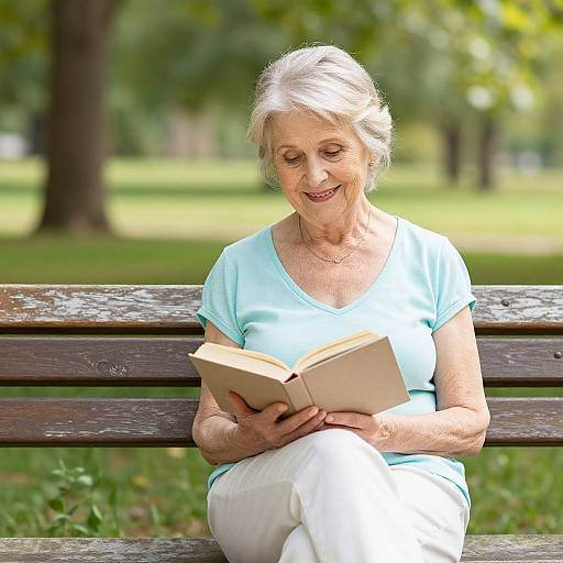 Photograph of an elderly woman with short white hair, wearing a light blue shirt and white pants, reading a book on a wooden park bench, smiling