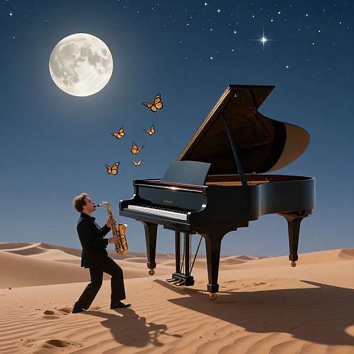 Photograph-like digital art of a man in a black suit playing saxophone beside a grand piano in a desert under a full moon, with orange butterflies