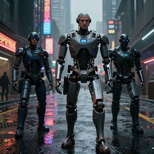 Photorealistic CGI of three metallic, humanoid robots standing in a rain-soaked, neon-lit urban street at night, with glowing blue lights on