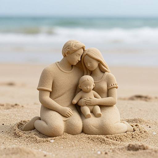 Photograph of a detailed sand sculpture depicting a family: a kneeling man, a woman with long hair, and a baby, all on a sandy beach
