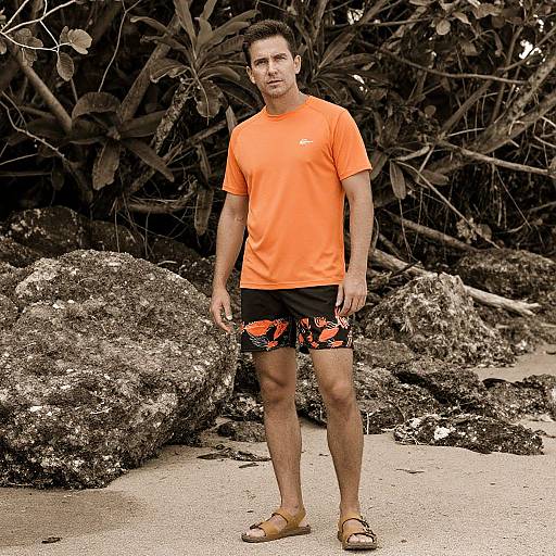 Photograph of a young man in an orange t-shirt, black and orange patterned shorts, and brown sandals, standing on a sandy beach with large