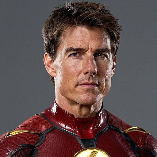 Photograph of Chris Evans as Captain America in his red and gold armored suit, with short brown hair and serious expression.