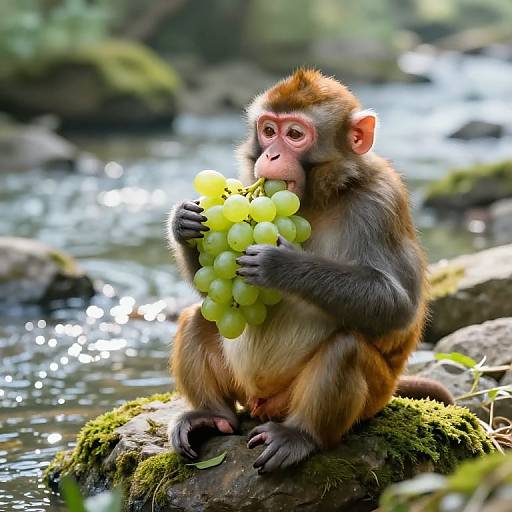 Cheerful Monkey Enjoying Grapes by River