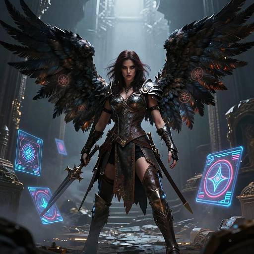 Digital artwork of a dark-winged, armored female warrior with glowing runes, standing in a futuristic, dimly-lit cathedral, holding swords.