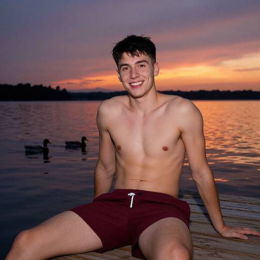 Photograph of a smiling, shirtless young man with short dark hair, wearing maroon swim trunks, sitting on a wooden dock at sunset,