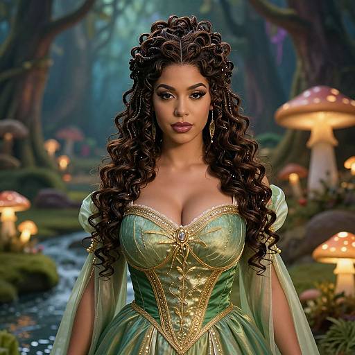 Photorealistic digital art of a beautiful woman with curly brown hair, large breasts, wearing a green and gold corset dress, standing in a glowing