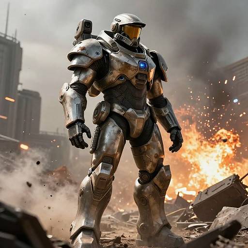 CGI image of a silver, futuristic, armored soldier with a blue chest emblem standing in a war-torn, smoke-filled cityscape with a large